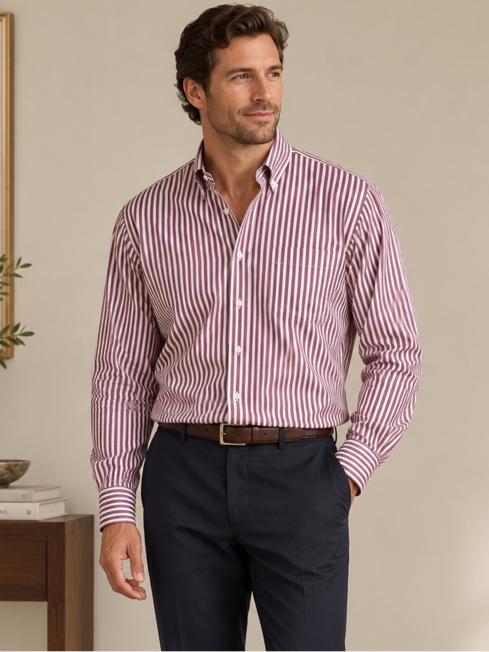 Peter Millar Striped Long-Sleeve Button-Up Shirt - Mauve/White - XL